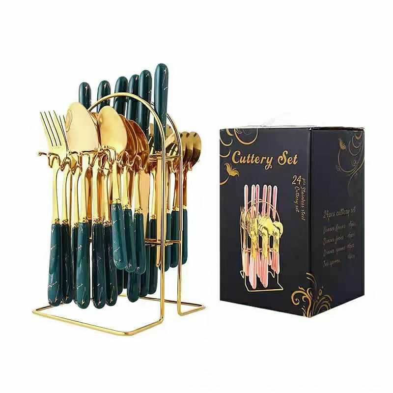 24-piece Knife, Fork And Spoons, Stainless Steel Premium Gold & Emerald Cutlery Set With Holder