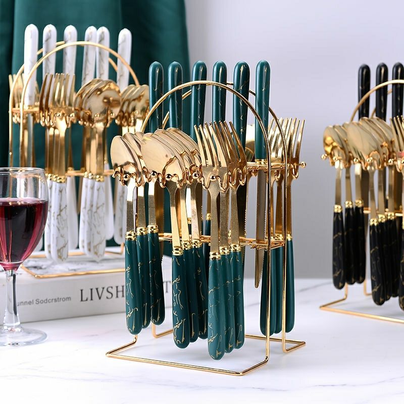 24-piece Knife, Fork And Spoons, Stainless Steel Premium Gold & Emerald Cutlery Set With Holder