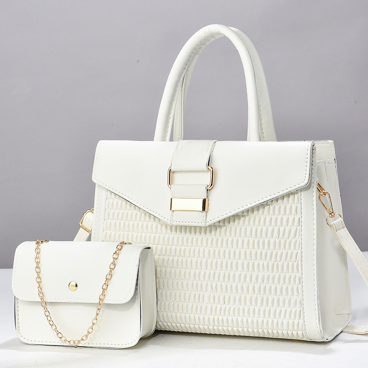 Elegant 2-Piece Faux Leather Handbag Set - Chic White Top Handle Tote & Chain Crossbody Mini Purse