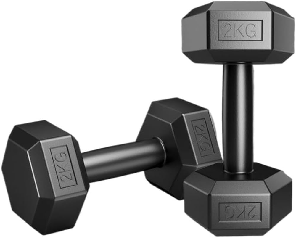A Pair Of 2kg Black Hexagonal Dumbbells.