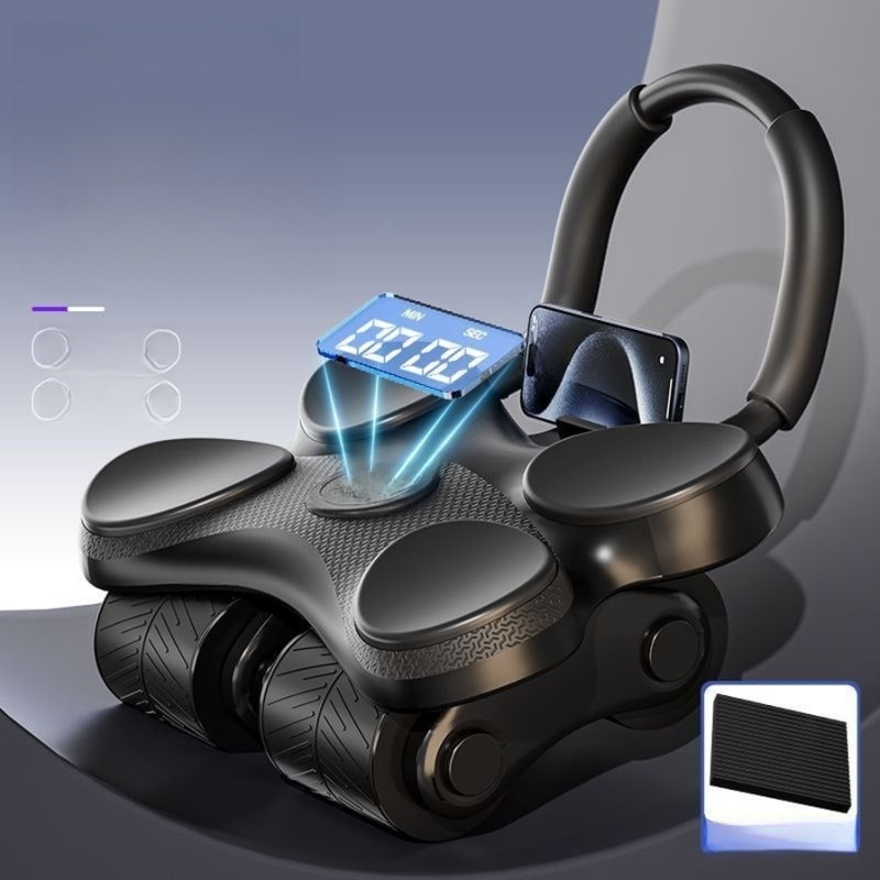 Automatic Rebound Four-Wheel Abdominal Wheel/Roller Kit With Timer, U-Shaped Handles, And Kneeling Mat (Black)