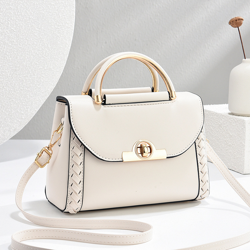 Elegant White PU Leather Top Handle Crossbody Handbag With Gold-Tone Hardware