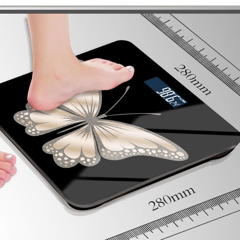 Tempered Glass Digital Weight Scale 28cm Square, AAA Batteries, Butterfly Motif