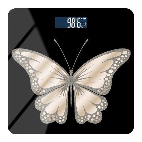 Tempered Glass Digital Weight Scale 28cm Square, AAA Batteries, Butterfly Motif