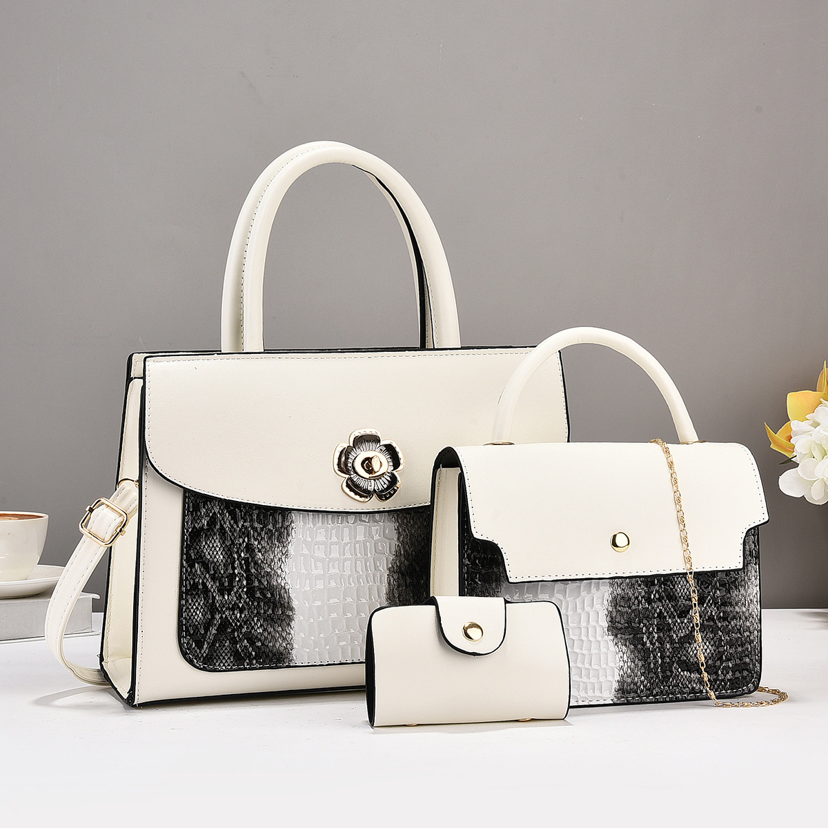 Chic 3-in-1 White & Black Snake Pattern Handbag Set - Elegant Shoulder Bag, Crossbody & Wallet Combo