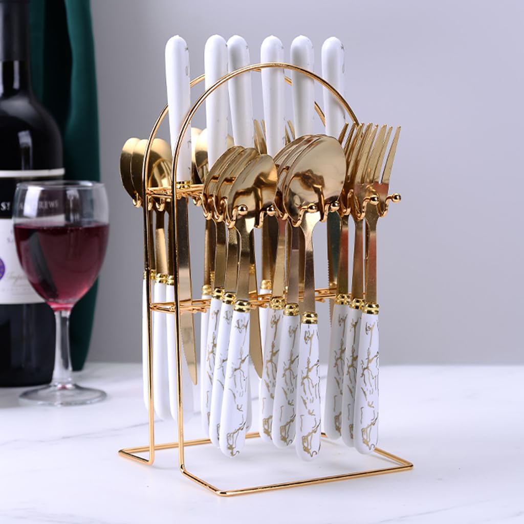 24-piece Knife, Fork And Spoons, Stainless Steel Premium Gold & Emerald Cutlery Set With Holder
