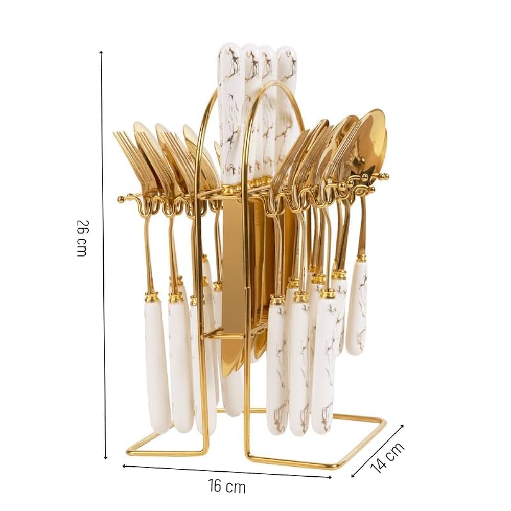 24-piece Knife, Fork And Spoons, Stainless Steel Premium Gold & Emerald Cutlery Set With Holder