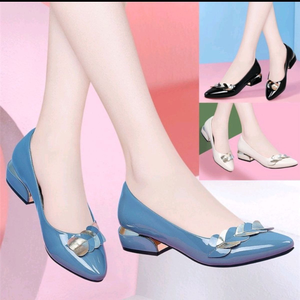 Stylish Korean Patent Leather Low-heel Pumps With Decorative Buckle