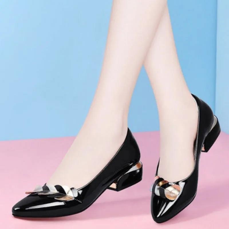 Stylish Korean Patent Leather Low-heel Pumps With Decorative Buckle