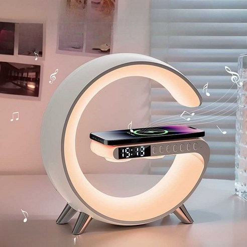 G-shape 5in1 Led Lamp, 15cm Diameter, Wireless Phone Charger, Clock & Bluetooth Speaker