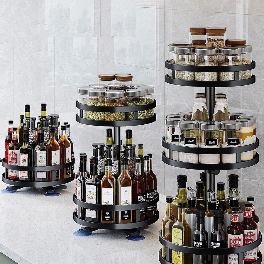 3 Layer Steel Black Round Rotating Multi-Function Kitchen Organiser Shelf, Spice Seasoning Kitchen Countertop Storage